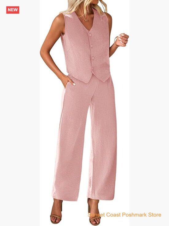 Pants - Two Piece Summer Blazer Vest Wide Leg Pants Set Office Business Casual Suit